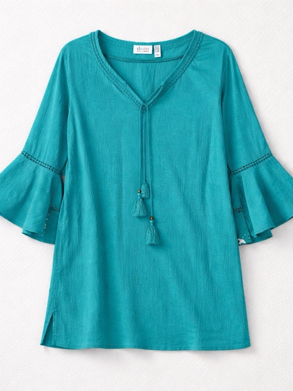 Denim&Co Teal Tassel V-Neck Tunic